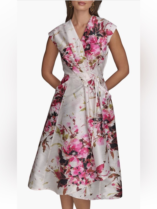 Donna Karan Dresses & Skirts - Donna Karan New York Floral Tiered Dupioni Wrap Dress Size 2 Ivory Pink NWT $179